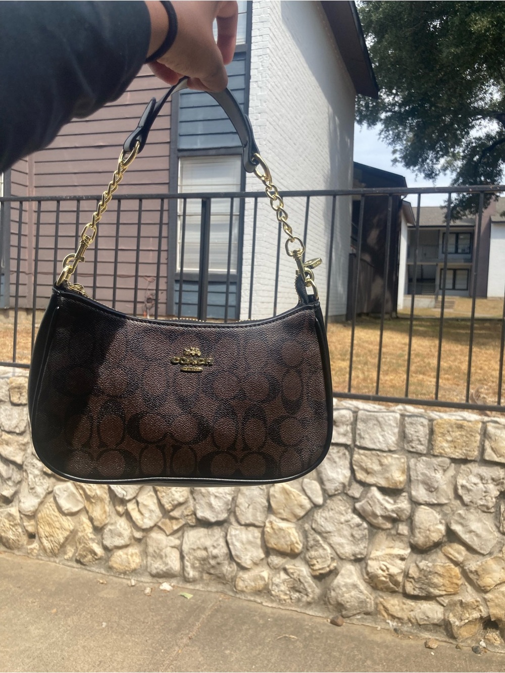 Coach Brown Signature Canvas Shoulder Bag with Gold Hardware